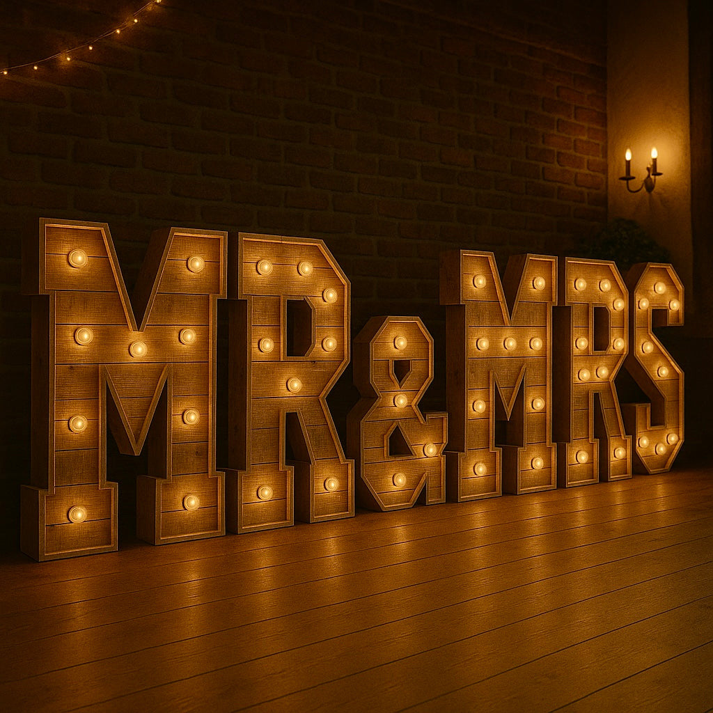 Rustic wooden light-up “MR & MRS” letters glowing warmly at a wedding venue with brick walls and ambient lighting.