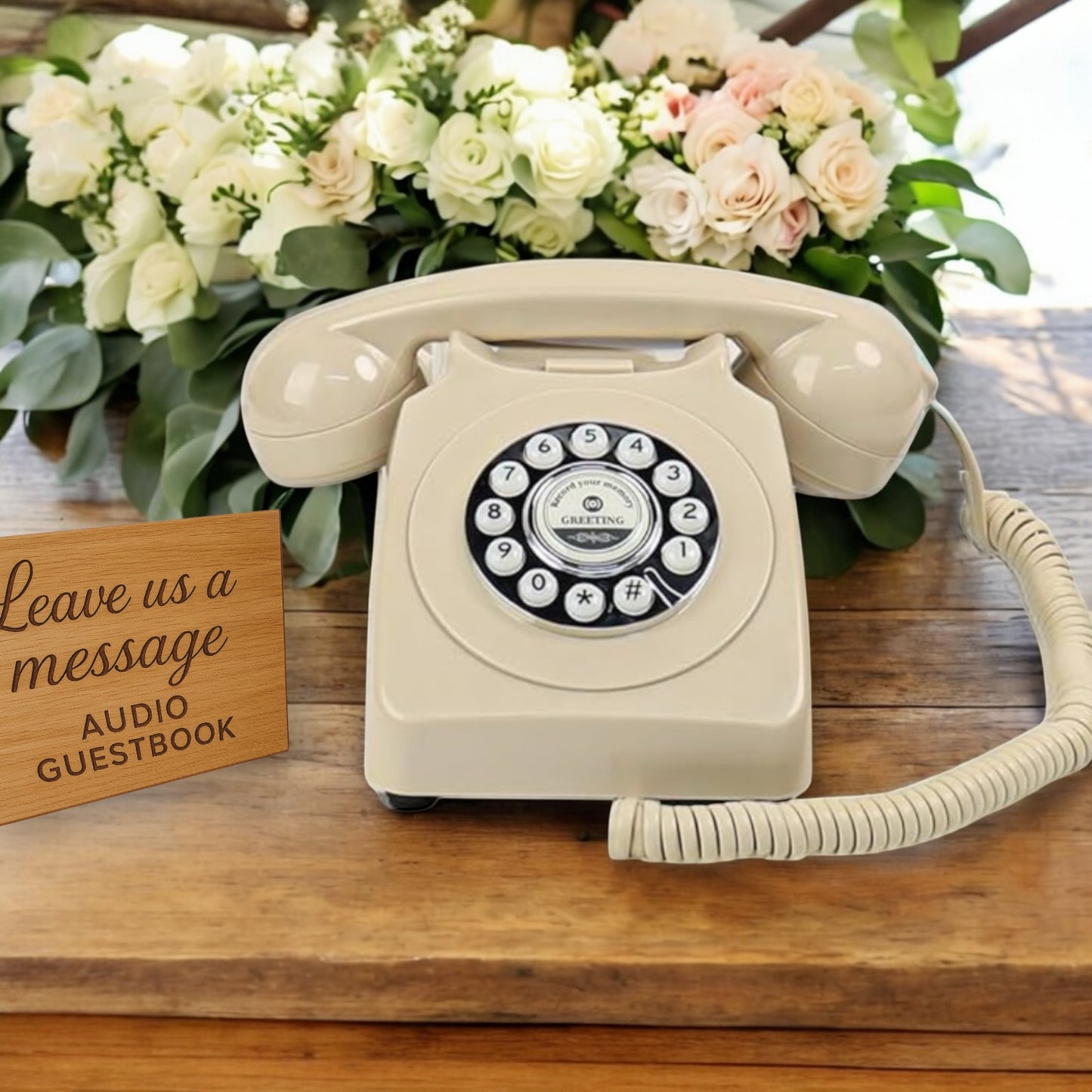 Vintage-style cream rotary phone used as an audio guestbook for weddings, displayed on a wooden table with flowers and a 'Leave us a message' sign.