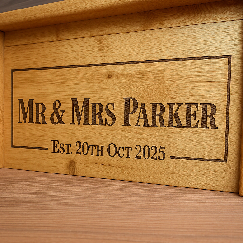 Laser-engraved oak keepsake box reading “MR & MRS PARKER – Est. 20th Oct 2025” framed with a fine line border.
