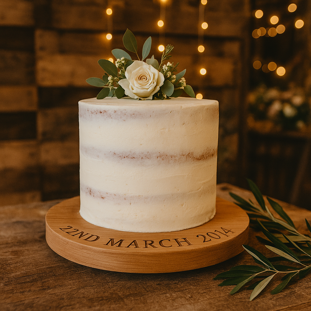 Rustic wedding cake with white buttercream frosting displayed on a personalised oak cake stand engraved with “22nd March 2014.”