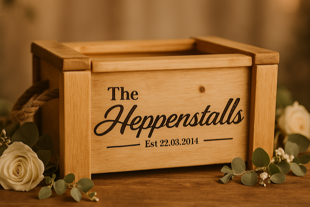 Personalised wooden keepsake box engraved with “The Heppenstalls – Est 22.03.2014,” styled with rustic flowers and soft lighting.