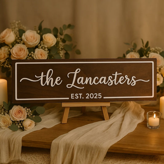 Personalised wooden family name sign reading “The Lancasters – Est. 2025” displayed at a wedding with roses, candles, and soft fabric.