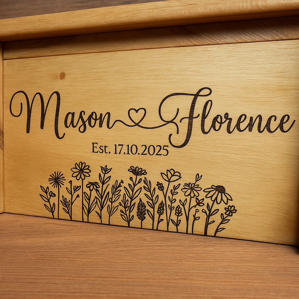 Custom wooden keepsake box engraved with “Mason ♥ Florence” and a field of flowers, including the date Est. 17.10.2025.