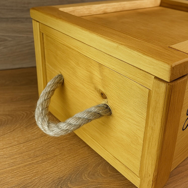 Close-up of a handcrafted wooden keepsake box with a sturdy rope handle, showing smooth oak grain and quality joinery.