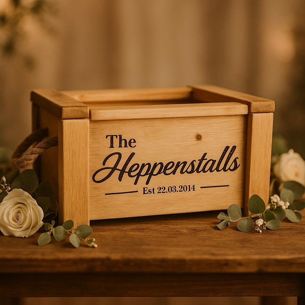 Decorative wooden wedding keepsake box engraved with “The Heppenstalls – Est. 22.03.2014,” styled with foliage and roses.