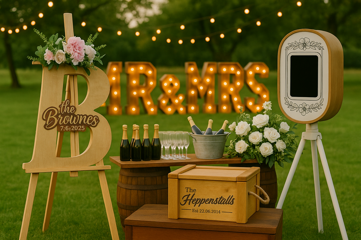 Outdoor wedding setup featuring a floral guestbook letter “B,” champagne bar, photo booth, and personalised keepsake box with illuminated MR & MRS sign in the background.