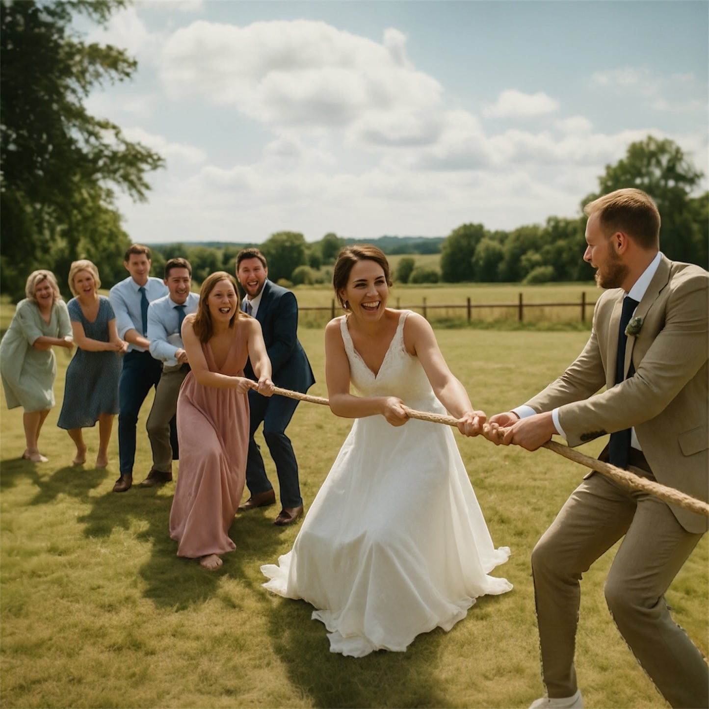 Bride and groom playing tug of war with guests on a sunny wedding day lawn, laughing and having fun outdoors.