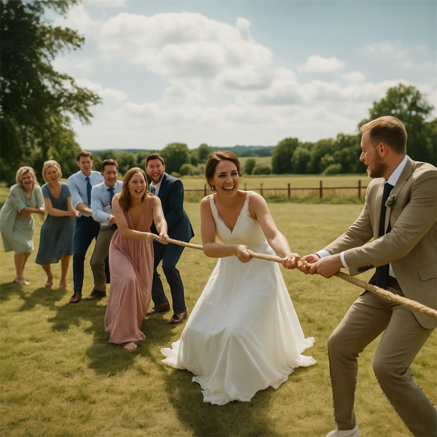 Bride and groom playing tug of war with guests on a sunny wedding day lawn, laughing and having fun outdoors.