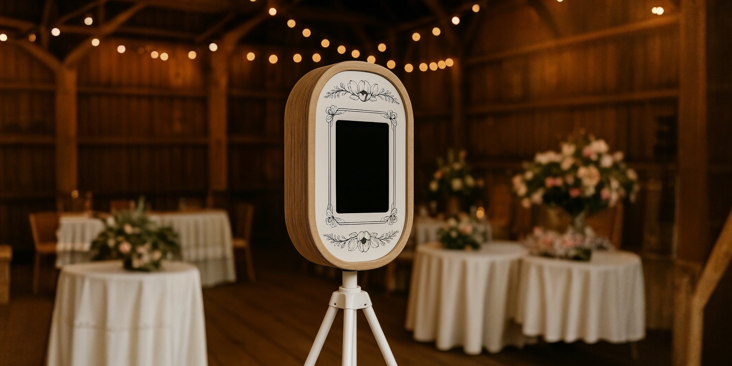 Stylish vintage-style photo booth set up in a rustic barn wedding venue, surrounded by soft lighting and floral centrepieces.