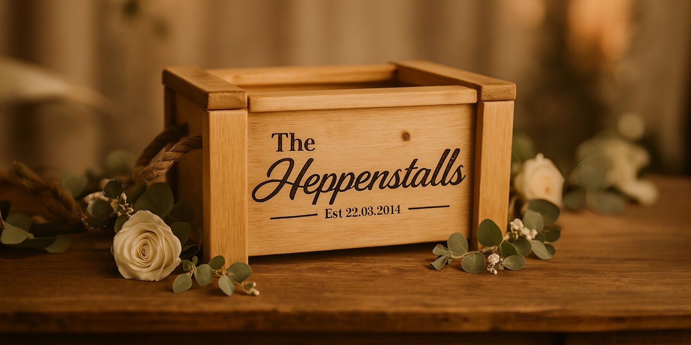 Rustic wedding banner featuring a personalised wooden keepsake box engraved with “The Heppenstalls – Est. 22.03.2014,” surrounded by soft-focus roses and eucalyptus on a wooden table.