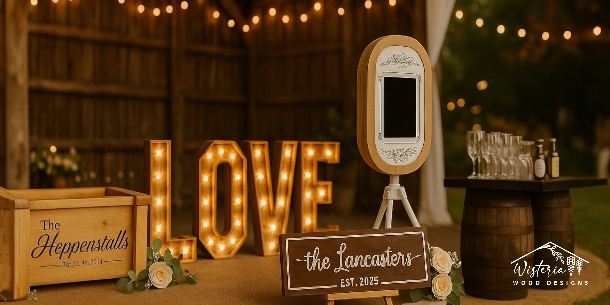 Rustic handmade wedding keepsakes and decor by Wisteria Wood Designs in Yateley, Hampshire.