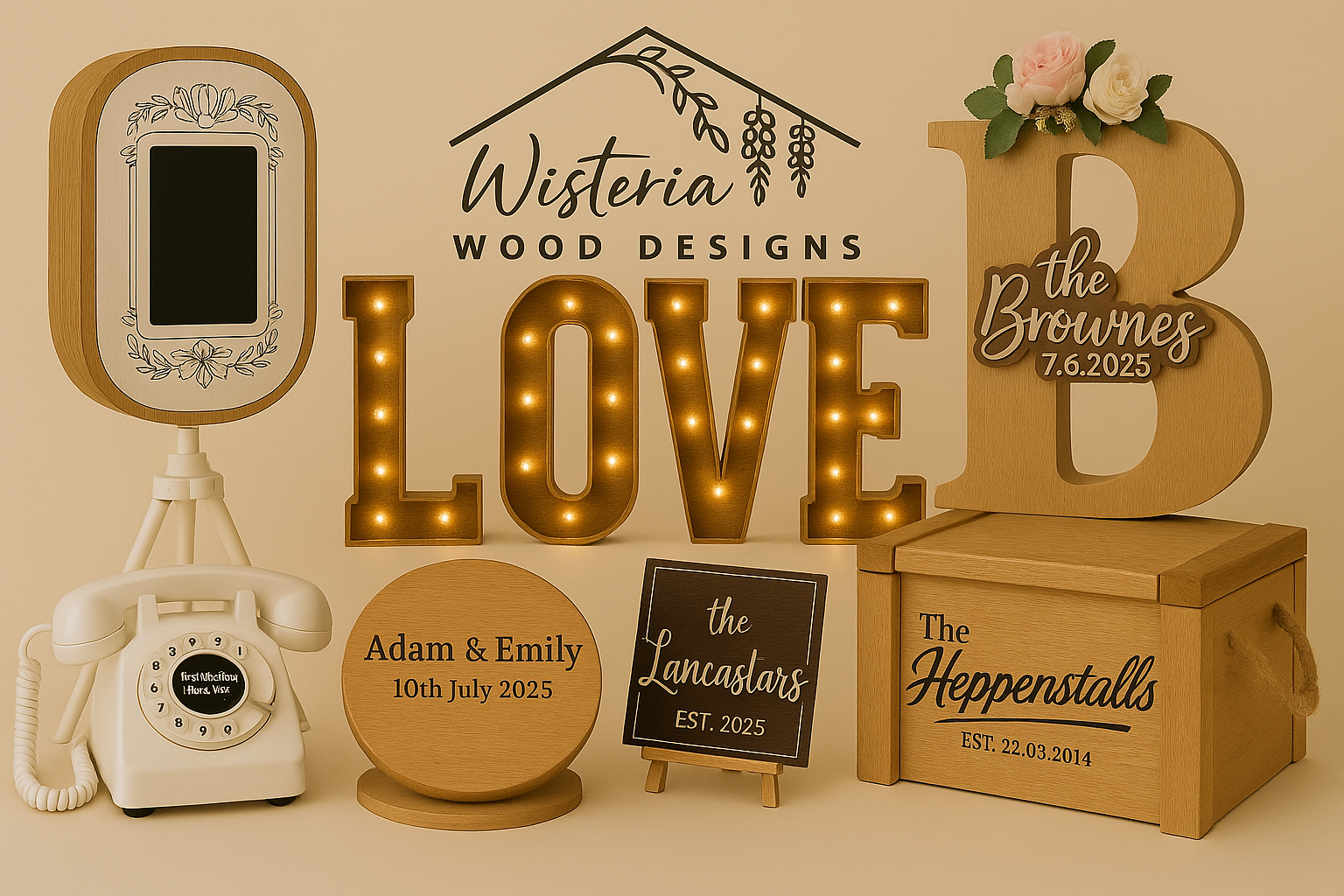Full Wisteria Wood Designs showcase including photo booth, audio guestbook phone, engraved cake stand, name plaques, LOVE letters, guestbook letter “B,” and keepsake box.